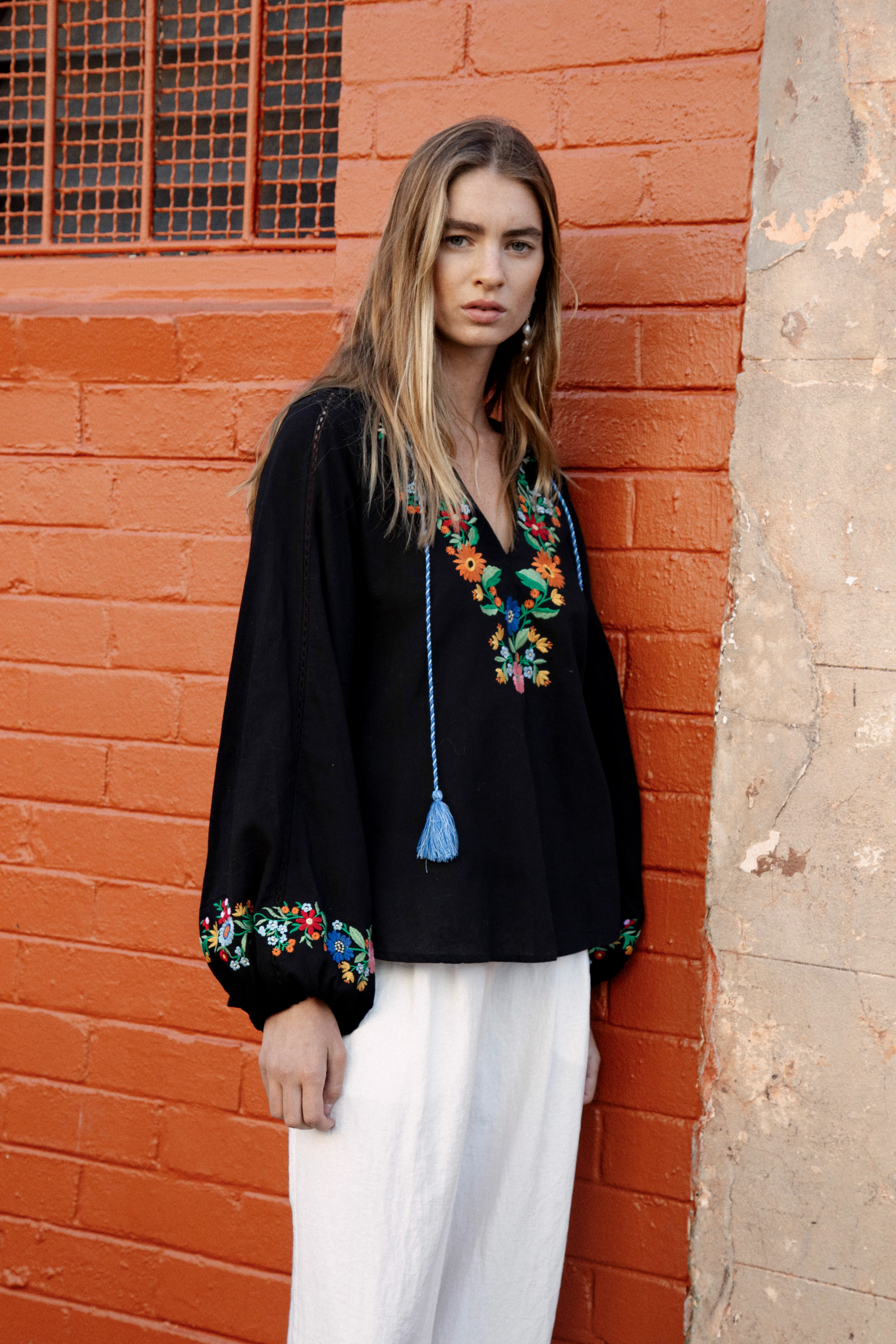 Flower Power Embroidered Long Sleeve Top - Black - Image 3