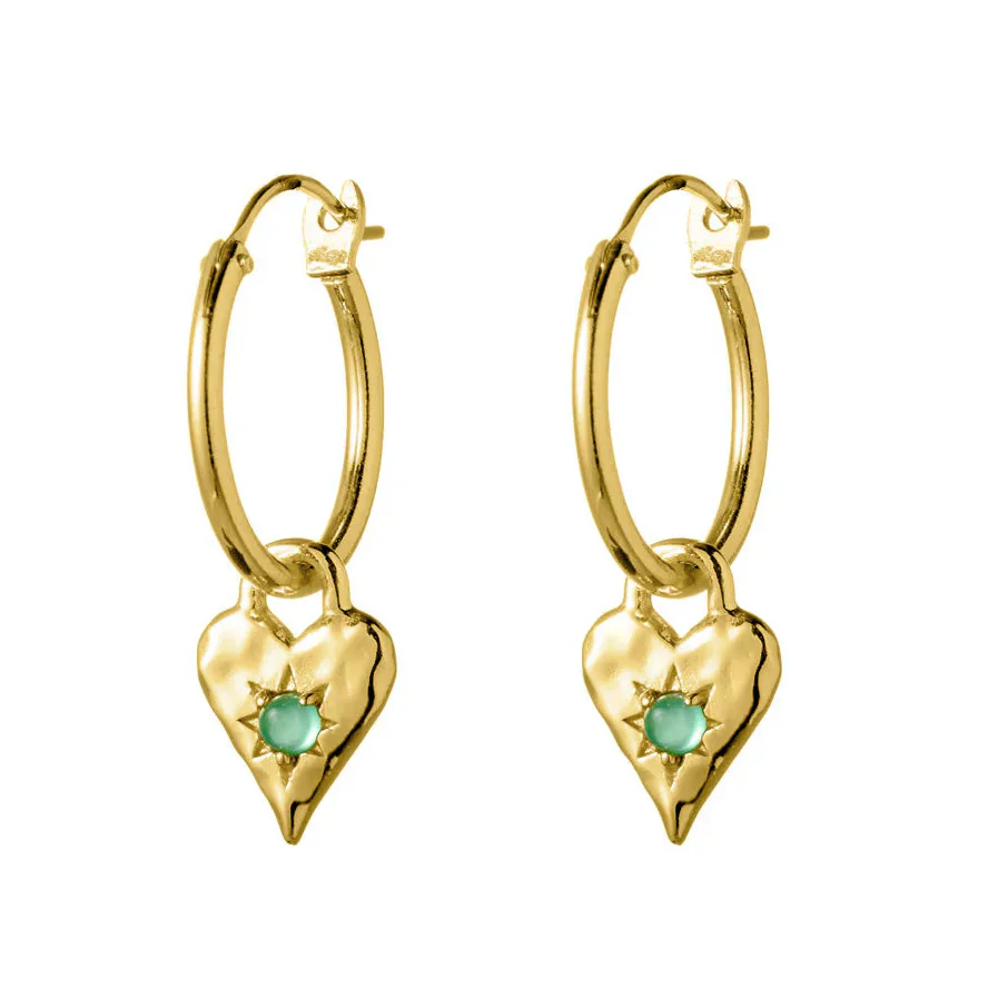 Love Heart Green Onyx Hoops - Gold