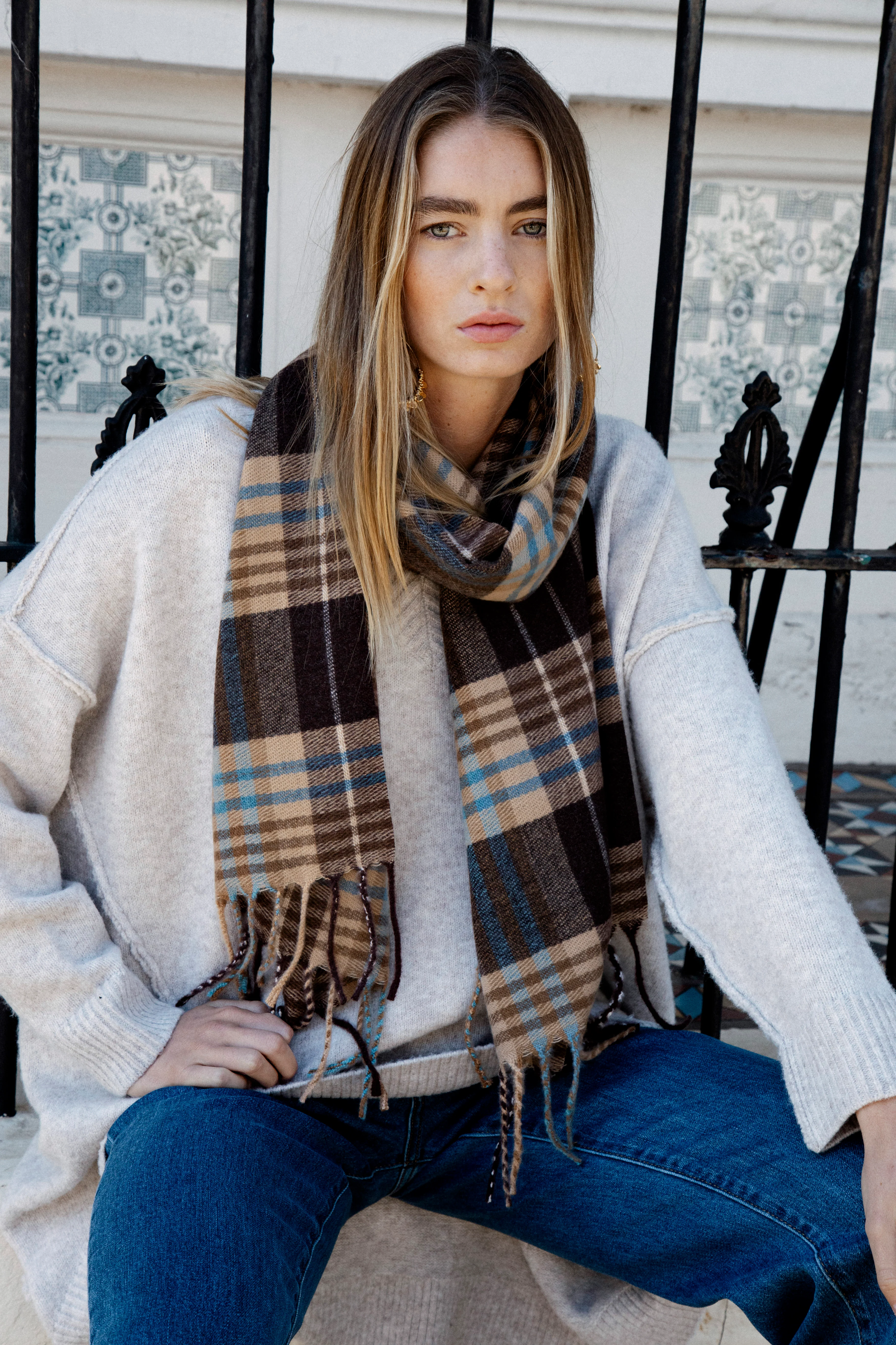Fleur Snuggle Scarf - Choc Check - Image 3